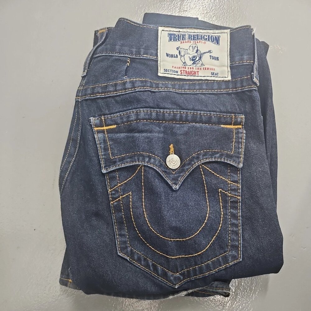 True Religion Jeans Men’s Sz 38x34 Ricky Relaxed Straight Big T Flap Blue Denim